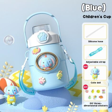 Gourde,Bouteille d'eau thermique pour enfants, tasse thermos avec paille, flacons sous vide en acier inoxydable,bleu 650ml