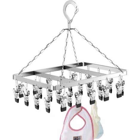 (Noir)Sèche-Chaussettes à 26 Clips, étendoir à Linge en Acier Inoxydable pour Corde à Linge, avec Crochet Coupe-Vent (Noir) (1/5)
