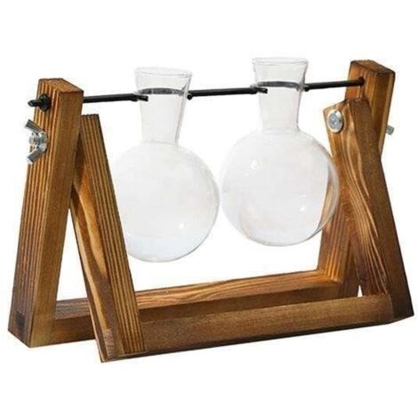 2x Propagation Station Verre Hydroponique Planteur Ampoule Terrarium Vase avec Rétro En Bois Stand pour La Culture Hydroponique (1/4)