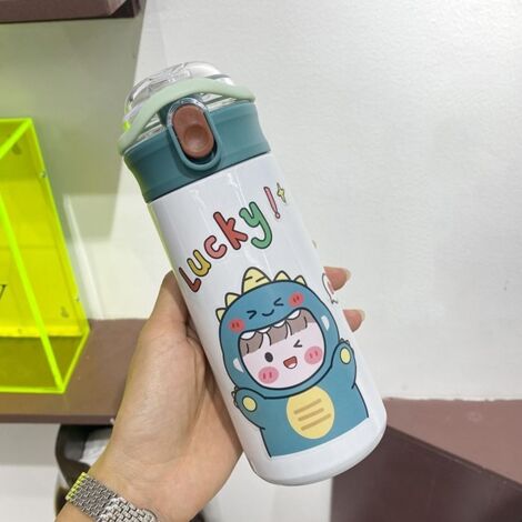 Gourde Bouteille d'Eau Thermos Portable avec Paille pour Enfant, Tasse Thermique en Acier Inoxydable,Blanc 480ml
