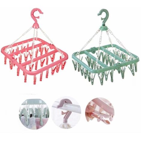 Étendoir à chaussettes, 2 pièces, étendoir à linge suspendu, clips, étendoir portable en plastique avec 32 clips pour chaussettes, (1/5)