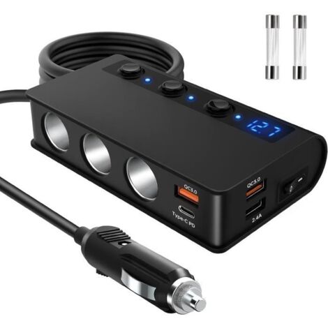 (Noir)Adaptateur de voiture - Non spécifié - 3 Prises Allume Cigare 180W - 2 Ports QC3.0 - Port Type-C PD 20W (1/4)