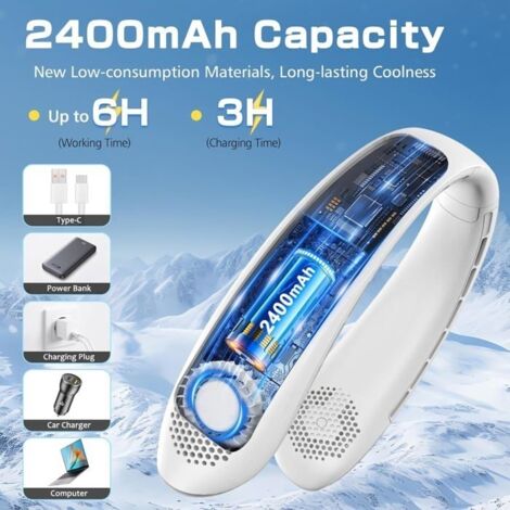 Ventilateur De Cou Portable USB Sans Lame YAZEKY - 3 Vitesses, Silencieux, Rechargeable - Blanc