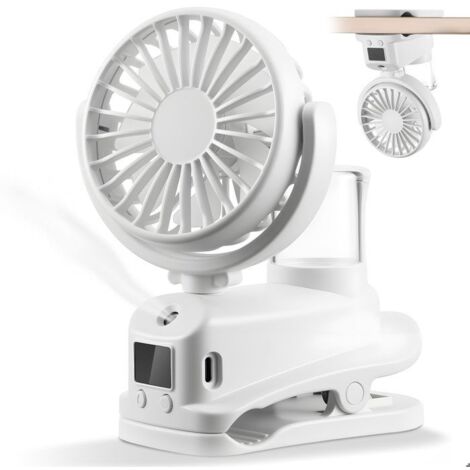 (Blanc)Ventilateur brumisateur à pince avec écran LED, mini ventilateur portable rechargeable, 4 vitesses, pour bureau (blanc) (1/5)
