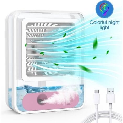 (Rose)Mini Climatiseur Portable, Ventilateur Silencieux Chambre, Climatiseur Mobile, Rechargeable USB Petit Humidificateur Air 2500mAh