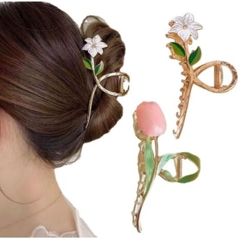 Pinces à Cheveux,Grandes Pinces à Cheveux en Forme de Tulipe et Lys,Barrettes à Cheveux pour Femmes,Pour Cheveux épais,Bouclés (1/4)