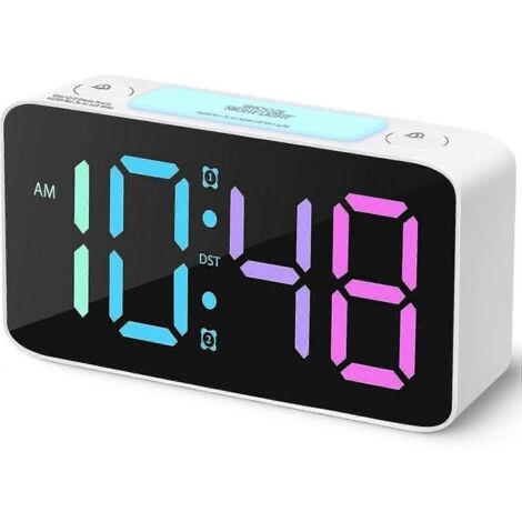 Réveil super puissant pour adultes gros dormeurs, horloge numérique avec veilleuse 7 couleurs, volume réglable, chargeur USB Blanc (1/5)