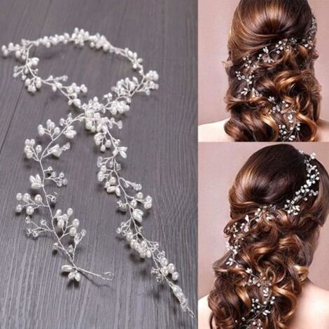 (Argent)Couronne de Mariage - Accessoire de Cheveux - 100cm - Argent - Strass et Perles - Élégant et Durable (1/4)