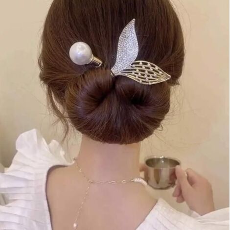 (noir blanc)Chignon magique queue poisson et boule nacré - Accessoire élégant pour chignon - coiffure donut facile - bandeau barette bun (1/5)