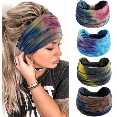 Lot de 4 bandeaux larges pour femmes, bandeaux tendance, élastiques antidérapants, turban noué, bandeau de sport pour le yoga (1/5)