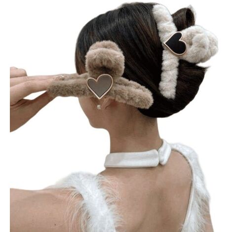2PCS Ensemble de pinces à cheveux en forme de cœur en peluche, accessoires pour cheveux d 'automne et d 'hiver (1/5)