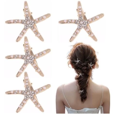 Pinces à Cheveux,4 pièces Étoile de mer Pince à Cheveux,Mariée Fleur Fille Accessoires pour Mariage,Barrette à Cheveux Strass (1/4)