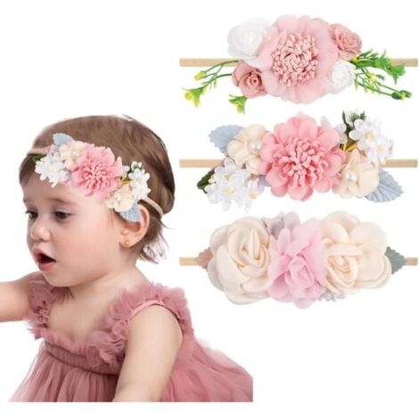 3Pcs Bébé Fille Nylon Bandeaux Fleur Élastique Bande de Cheveux Arcs Cheveux Accessoires pour Nouveau-Né Nourrisson (1/4)