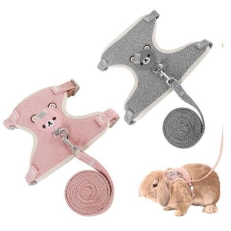 2 Pièces Harnais pour Lapins Nain, Laisse Réglable pour Lapins Harnais et Autres Petits Animaux(Gris, Rose) (1/4)