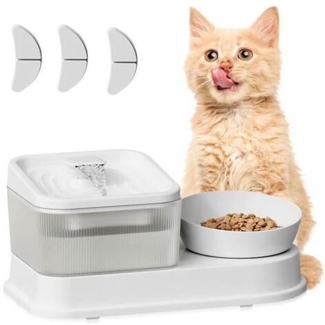 (Blanc)Fontaine à eau chat/Distributeur Croquettes Chat -2 en 1 pour Chats Chiens-avec 3 filtres à charbon actif - prise USB - blanc (1/3)