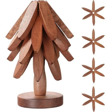 Dessous de Plat en Bois pour Plats Chauds,4 Dessous de Plat en Bois + 1 Support rangé comme Un Sapin de Noël,Dessous de Plat en Bois (1/4)