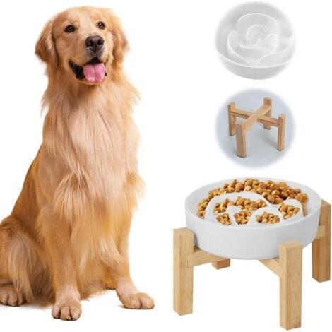 Gamelle anti-glouton chien avec support antidérapant en bambou,Gamelle anti-glouton surélevée Pour chiens taille moyenne et grande