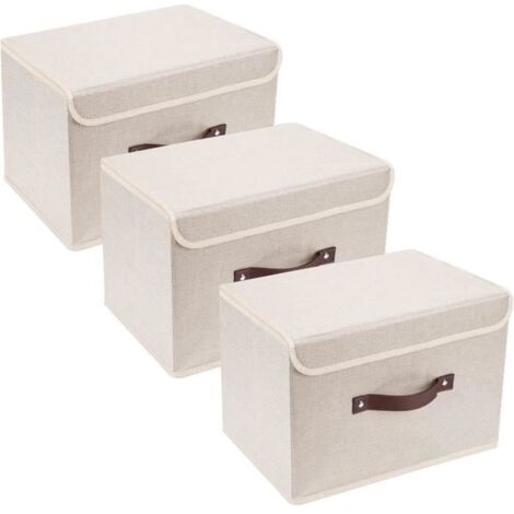 Boîte de Rangement avec Couvercle, Tissu, Lavable, Rangement Tissu, 38x25x25 cm, Lot de 3, Beige (1/4)