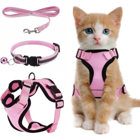 Polyester Harnet pour Chat,Harnais pour Chats Anti évasion,Harnais Chaton avec Bande Réfléchissante,Ajustable Harnais Chaton,Rose, S (1/4)