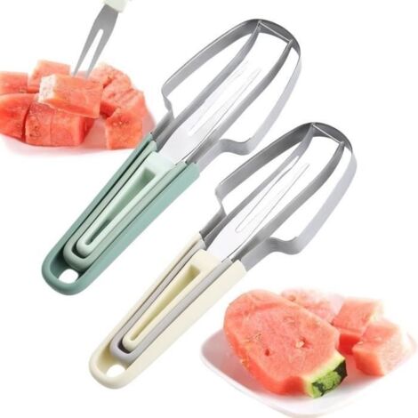 Coupe-fourchette à pastèque 3 en 1,outil de coupe de glace à la pastèque en acier inoxydable,outil de coupe de fruits à fourchette (1/4)