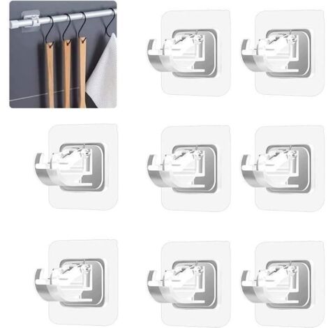 Lot de 8 supports adhésifs pour tringle à rideau - Sans perçage - En plastique - Facile à coller (transparent) (1/4)