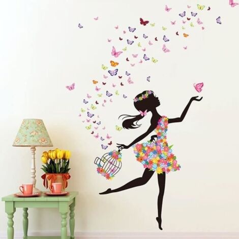 Autocollants muraux - Romantique - Fille - Fée et Papillon - 60cm x 90cm - Vinyle écologique (1/4)