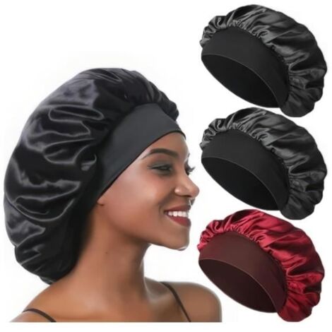3 Paquet Bonnet de Nuit Pour Cheveux Endormis, Bonnet en Satin Pour Cheveux Bouclés, Bonnet À Bande Lâche et Serrée,(Noir + Rouge) (1/4)