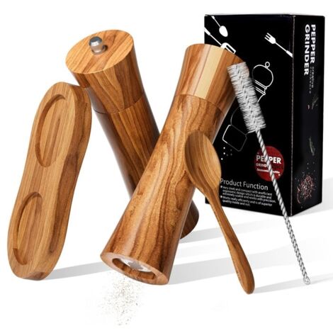 2Pcs Moulin à Sel et Poivre en Bois, avec Broyeur en Céramique Réglable, Cuillère et 2 Brosse Moulins Épices Bois avec Plateau