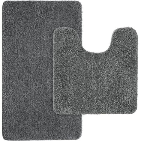 (Gris)Tapis de Toilette - TAPIS - 50x80cm + 50x50cm - Antidérapant - Microfibre - Gris (1/4)