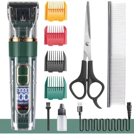 Tondeuses pour Chiens Poil Long Epais Professionnelle à faible bruit IPX7 étanche kit de toilettage pour animaux compagnie, vert (1/4)