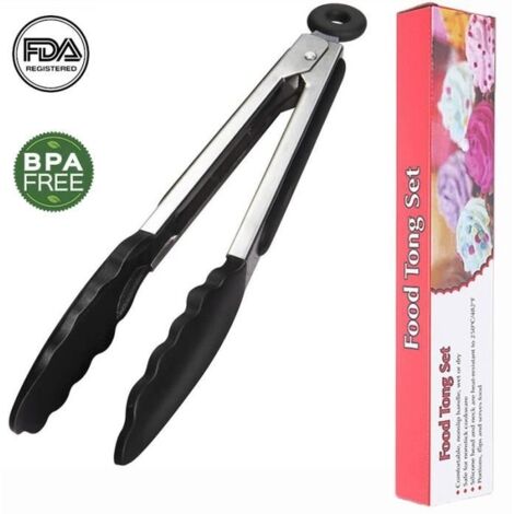 (noir-Noir+argent)Pince Cuisine,Sans BPA Pince Cuisine en Acier Inoxydable et Silicone Alimentaire,Pince de Cuisine Résistant à la Chaleur-27cm Noir (1/4)