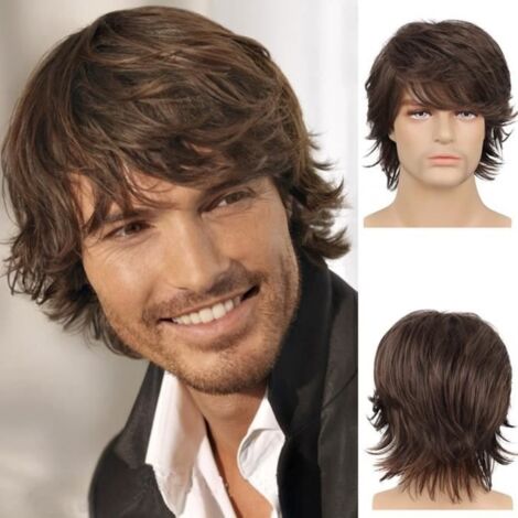 (Marron)Perruque courte pour hommes - DRFEIFY - Marron - Synthétique - Longue frange - Douce et respirante (1/4)
