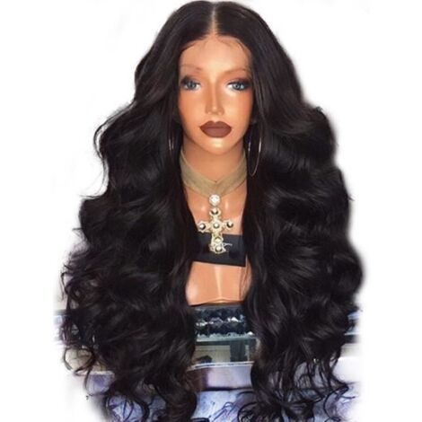 (Noir)Perruque cheveux longs ondulés 70 cm noir Fibres synthétiques résistantes à la chaleur (1/4)