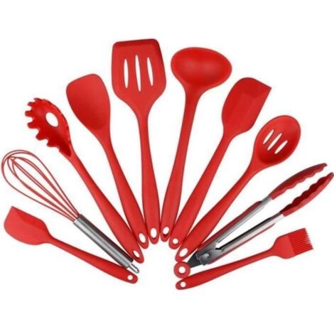 (Rouge)10pcs Silicone Ustensiles de Cuisine Spoonula, Brush, Fouet, Spatule, Louche, Slotted Turner et Spoon, Tongs, Pasta Fork -Rouge (1/4)