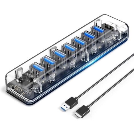 ORICO USB 3.0 Hub, 7 Ports USB 3.0 Transparent avec HUB de Bureau Voyant Bleu et Deux Ports d'alimentation, 1M Câble USB A à B (1/4)