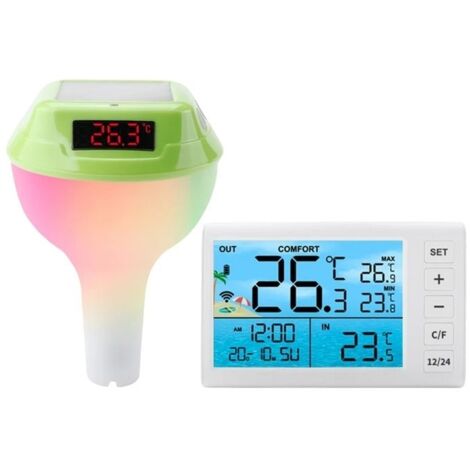 Thermomètre de piscine solaire, jauge numérique LED, design étanche, affichage numérique vert (1/2)