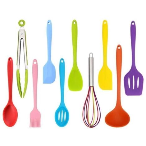 10pcs Silicone Ustensiles de Cuisine Spoonula Brush Fouet Spatule Louche Slotted Turner et Spoon Tongs Pasta F APPLIQUE D'INTERIEUR (1/5)