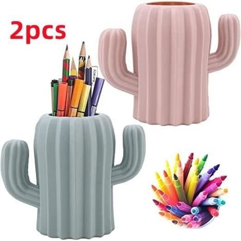 Pot à Crayons de Bureau en Plastique - Cactus - Rose/Vert - 11.5x13.5cm (1/4)