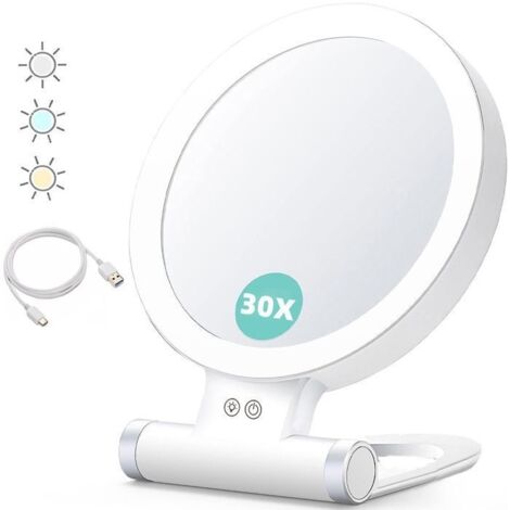 (Blanc)Miroir grossissant avec lumière, 30x/1x,Double Face, Miroir de Maquillage Portable, éclairage 3 Couleurs,écran Tactile à intensité (1/5)