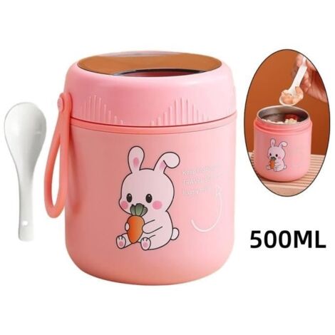 (Rose (Lapin))Boîte Alimentaire Isotherme - Inox - 500ML - Rose (Lapin) - Étanche - Cuillère Pliable (1/4)