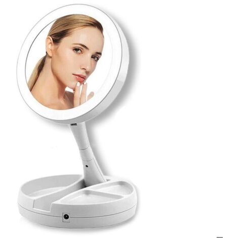 Miroir de maquillage double face grossissant 10X pliable avec lumière LED pour salle de bain (1/4)