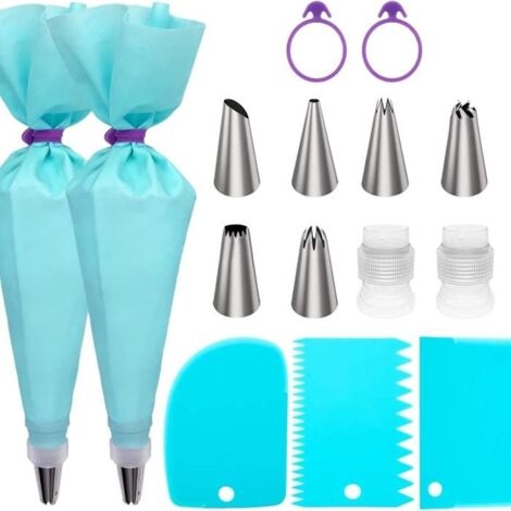 Lot de 15 poches à douille et douilles réutilisables – avec convertisseurs et anneaux en silicone pour la décoration de gâteaux, (1/5)