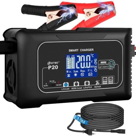Chargeur de Batterie Intelligent 20 A 12V/24V, Chargeur Batterie Voitures, Chargeur Batterie de Mainteneur et Automatique