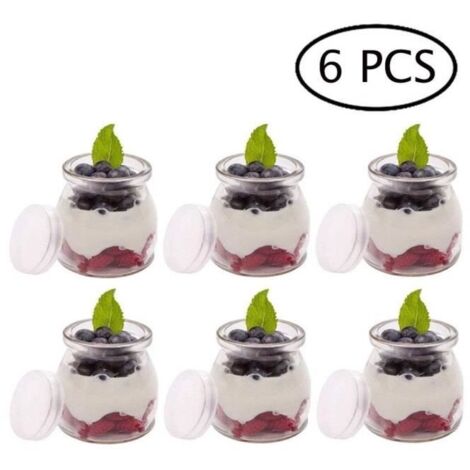 (blanc)Bocal Verre Lot de 6 Pots de Yaourts avec Couvercles Idéal pour Mousse aux Chocolat Crèmes Desserts Yaourts Transparent (200ml) Boca (1/4)