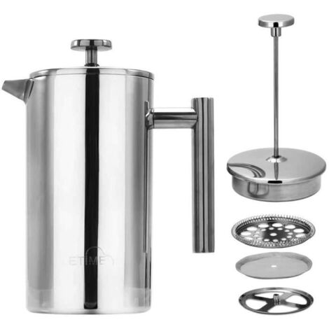 (Argent)Cafetière à Piston en Acier Inoxydable Théière French Press avec Filtre Cafetiere Isolation Thermique 1L Argent (1/4)
