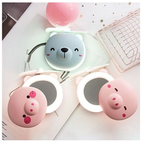 Mini ventilateur rechargeable portable en forme de tête de cochon - Couleur aléatoire - Miroir de maquillage à LED - Couleur et (1/5)