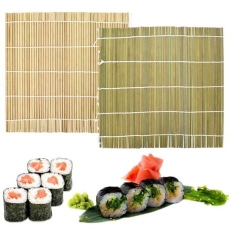 Tapis à Sushi en Bambou Naturel, 2 Pcs Rouleau de Bamboo Mat Sushi Natte Sushi Plateau à Sushi Lavable Fabrication Sushi Bambou (1/4)