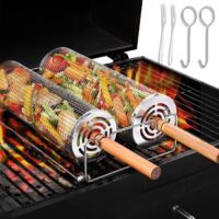Accessoires pour barbecue - Lot de 2 Panier de Barbecue Avec Manche en Bois Amovible Paniers à Griller Cylindriques