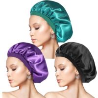 Lot de 3 bonnets de nuit en satin avec élastique pour cheveux longs pour protéger les cheveux bouclés (Noir, Violet, Cyan)