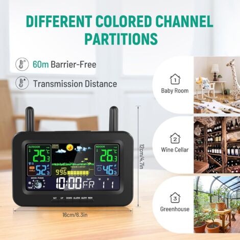 Ulisem Stazione Meteo Wireless Orologio Meteorologico Digitale Colorato con Sensore Esterno Termometro per Interni ed Esterni con Data Temperatura Umidità Barometro Allarme Fasi Lunari Orologio Meteor